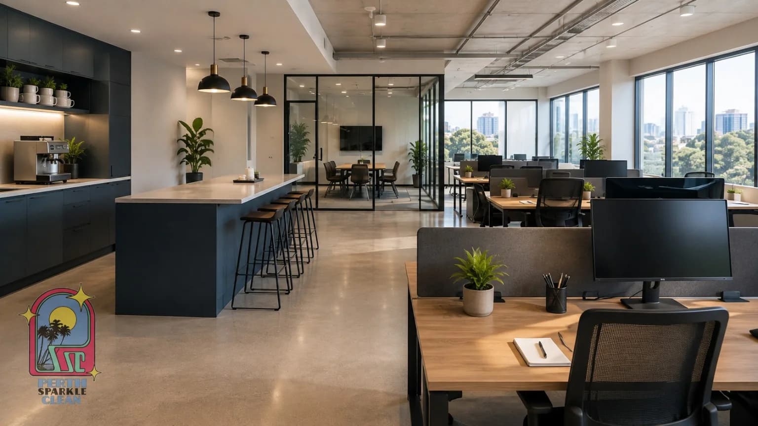 Modern open-plan Perth office with polished concrete floors, maintained by Perth Sparkle Clean