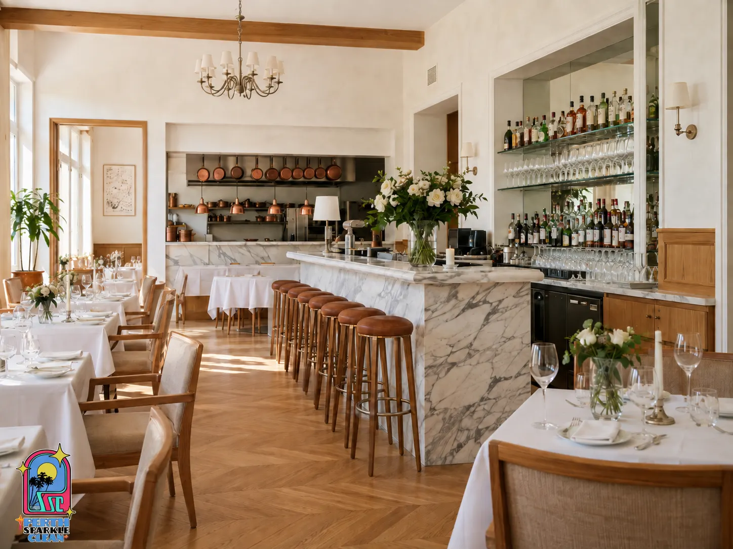 Marble bar area in a busy Perth restaurant with high customer traffic