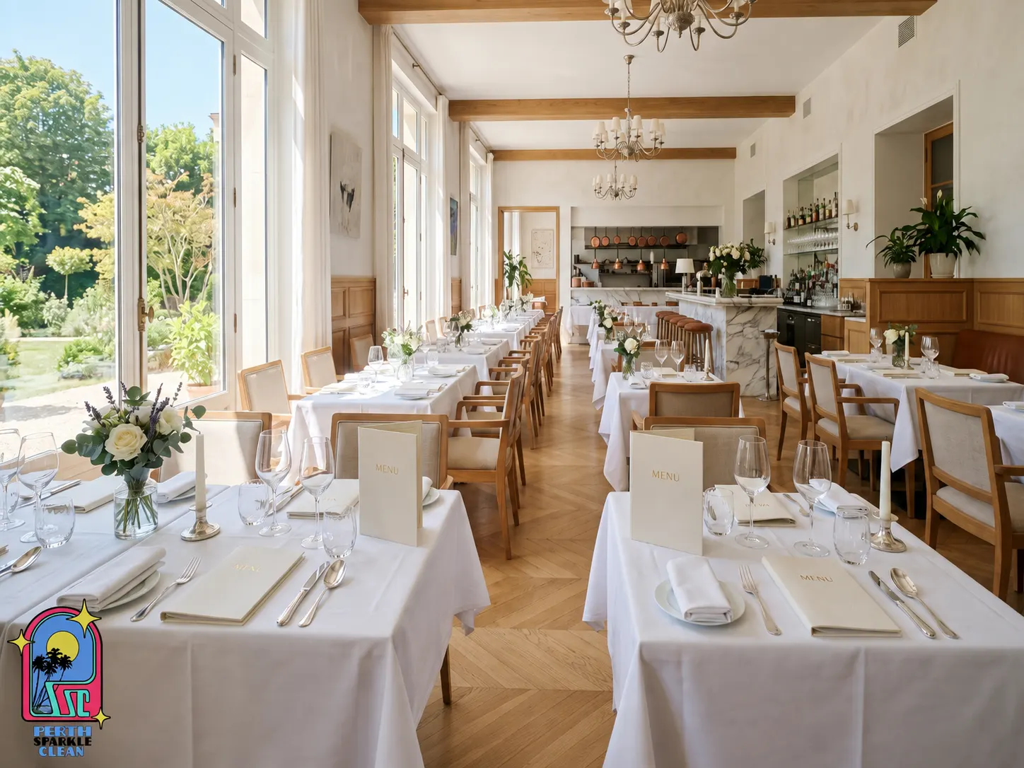 Bright Perth restaurant dining room with garden views, maintained by Perth Sparkle Clean