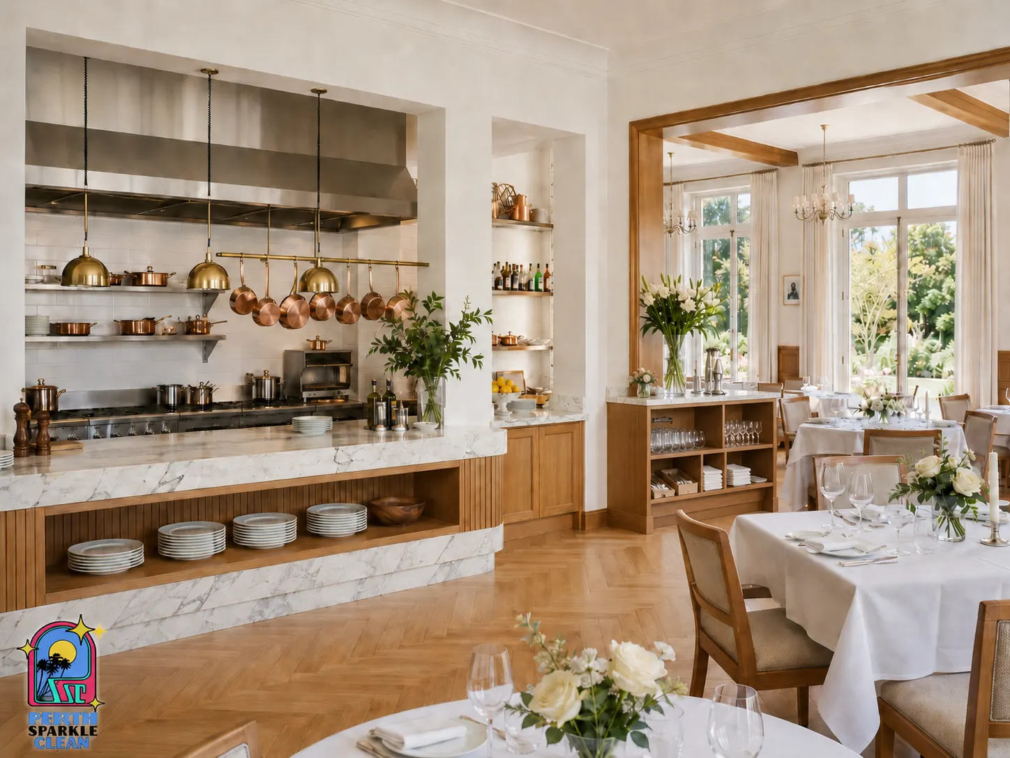 Open commercial kitchen in a Perth restaurant, cleaned around service hours