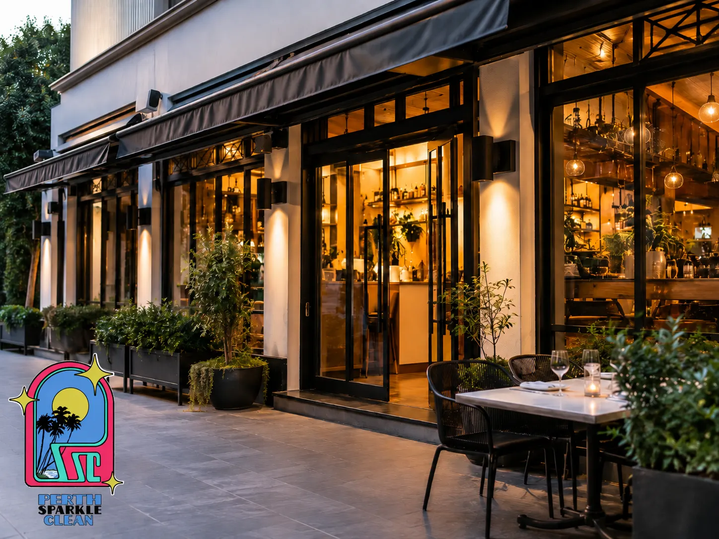 Perth restaurant entrance and outdoor dining area at dusk, maintained by Perth Sparkle Clean