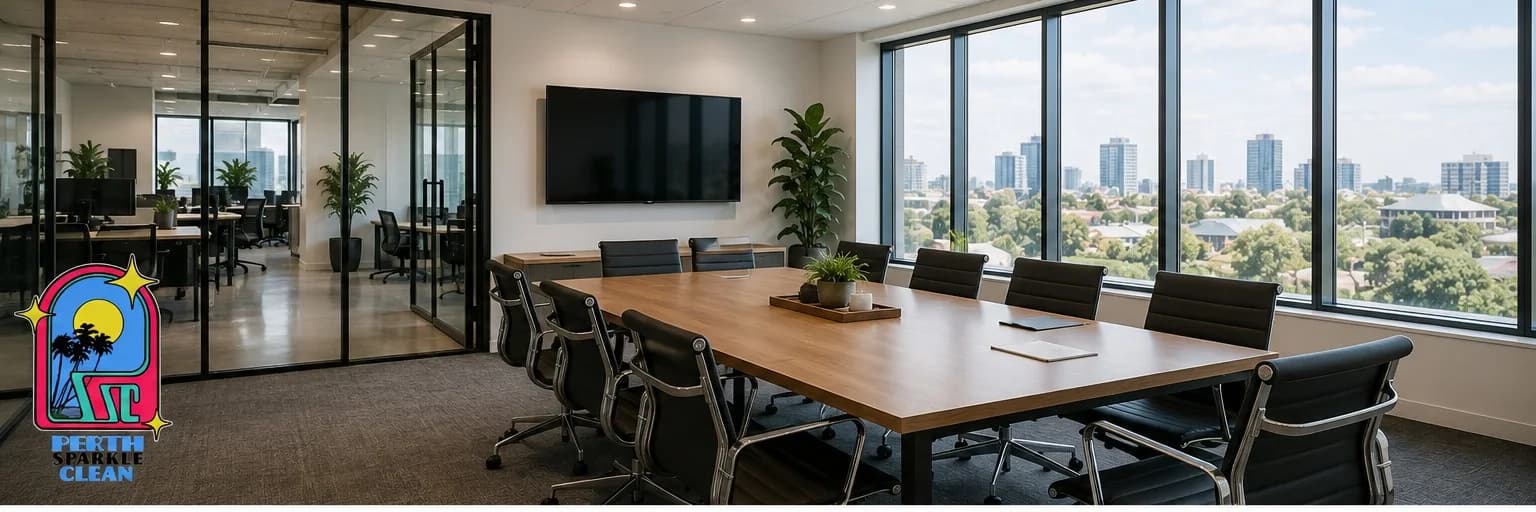 Clean Perth office boardroom with timber conference table and city views, maintained by Perth Sparkle Clean