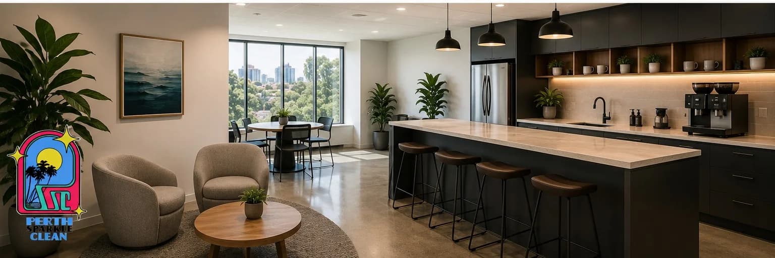 Modern Perth office break room with stone island bench and city views, maintained by Perth Sparkle Clean