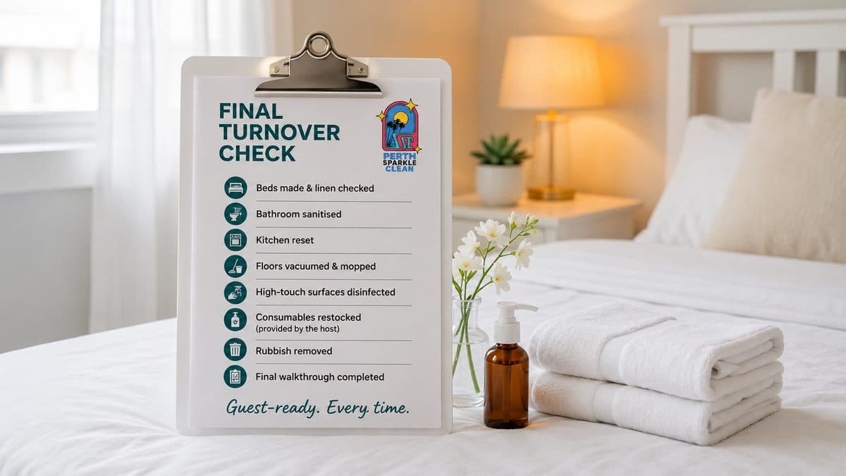 Final turnover check clipboard for Airbnb cleaning in Perth by Perth Sparkle Clean