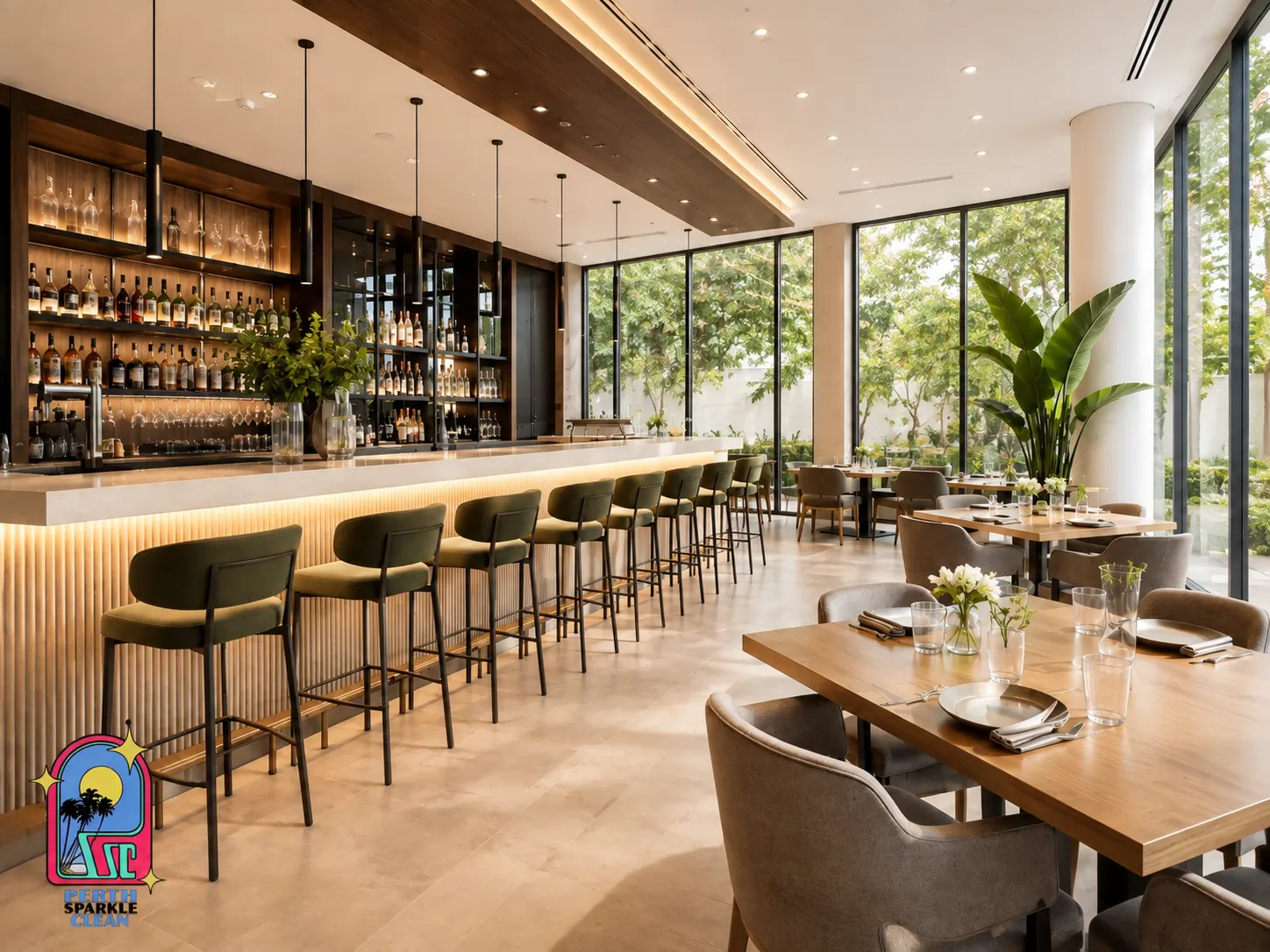 Clean bar and dining area in a Perth restaurant with green upholstered seating