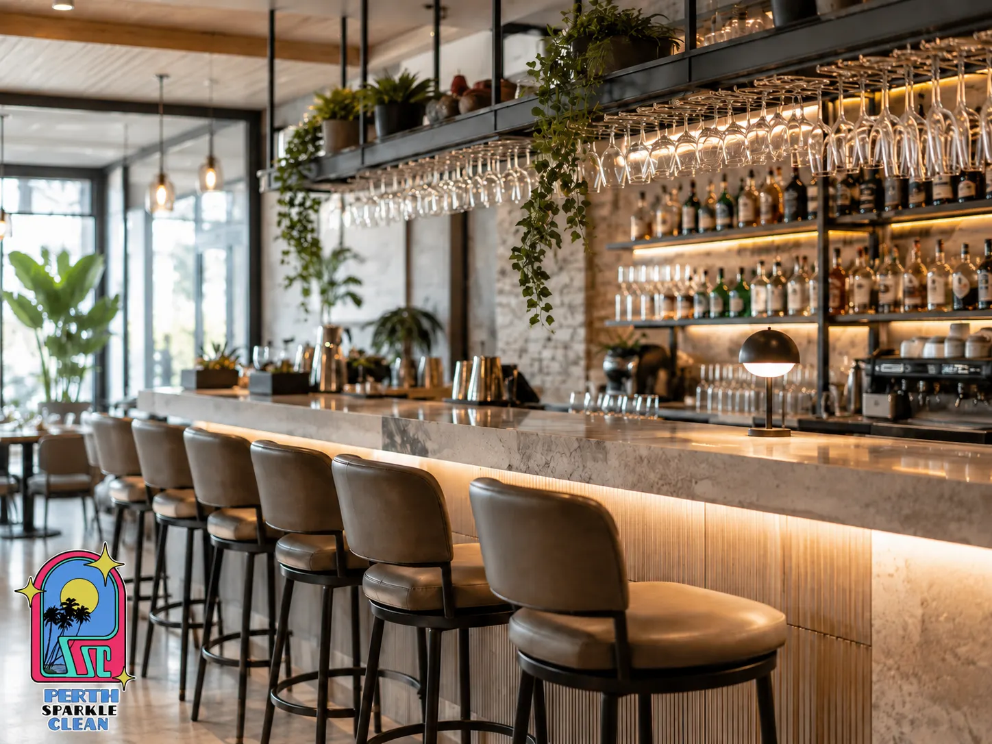 Bar service area with hanging glassware in a Perth hospitality venue