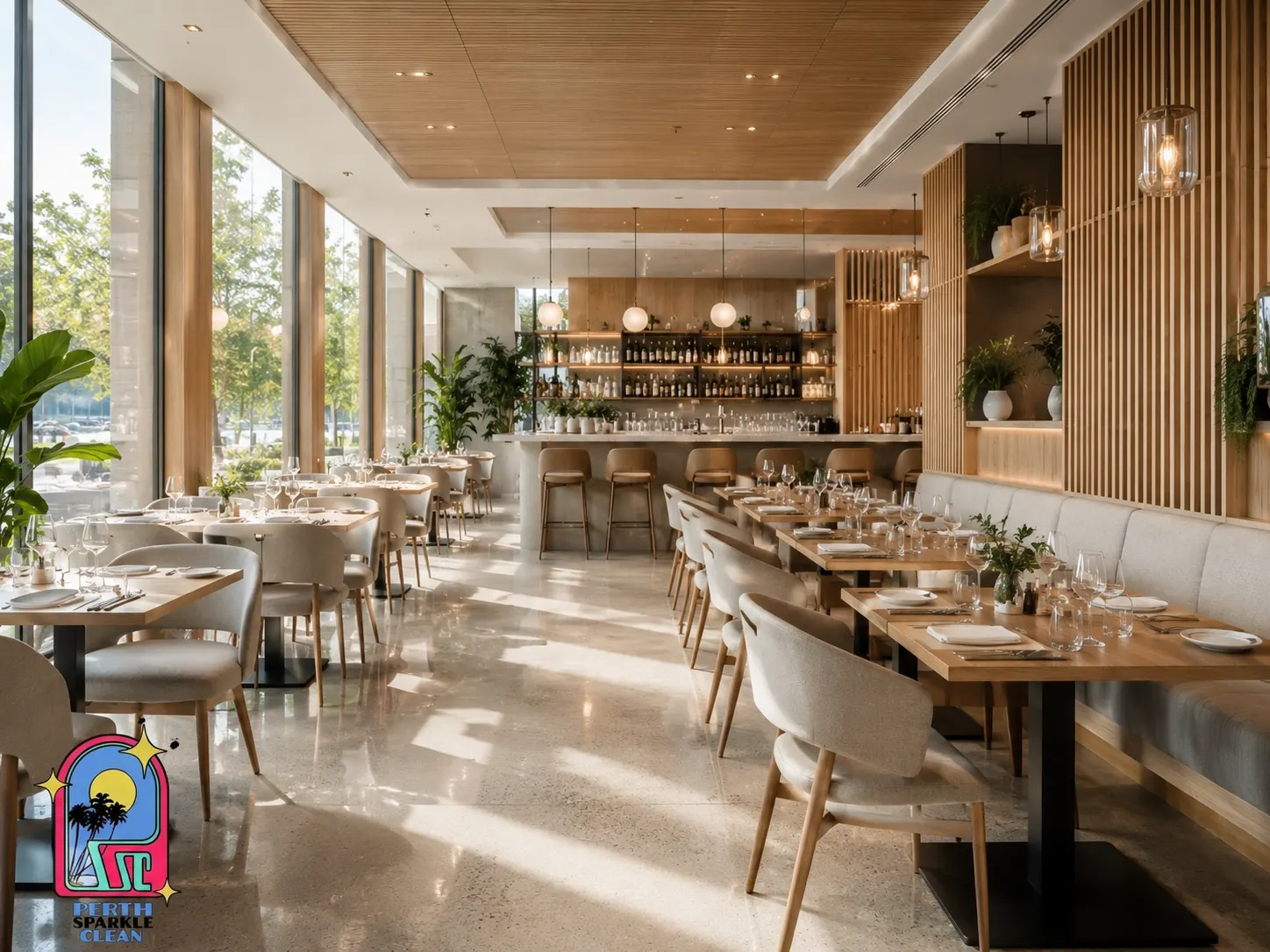 Modern Perth restaurant dining room with polished terrazzo floors