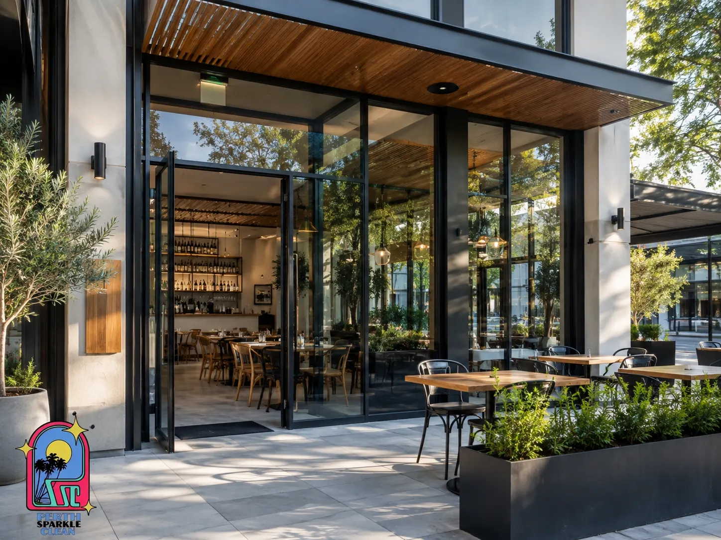 Perth restaurant entrance and outdoor dining area with glass doors and outdoor seating